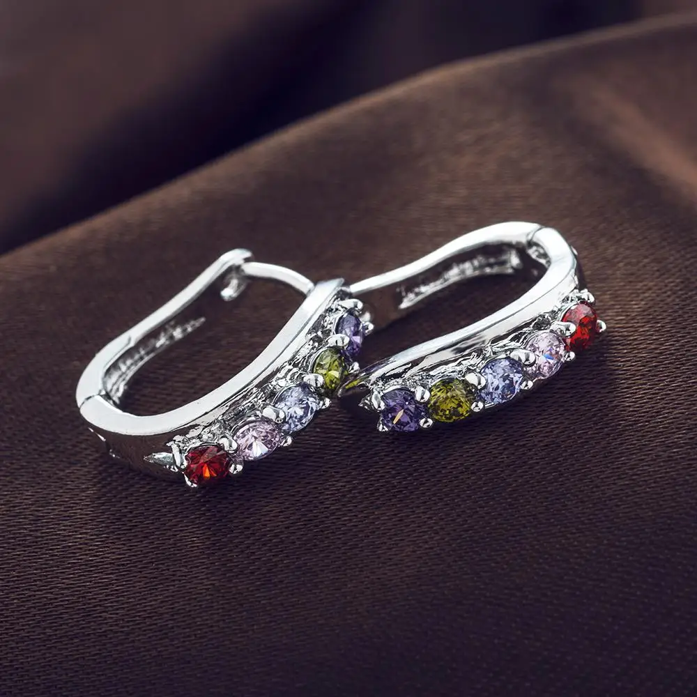 Серьги кольца женские посеребренные с фианитами и кристаллами|earring charms|multicolor