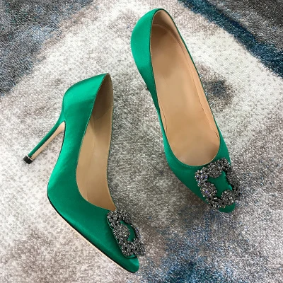 KALMALL/элегантные туфли-лодочки с острым носком на высоком каблуке 10 см; женская обувь; слипоны; Tacones Mujer; свадебные туфли на квадратном каблуке с пряжкой и кристаллами - Цвет: green