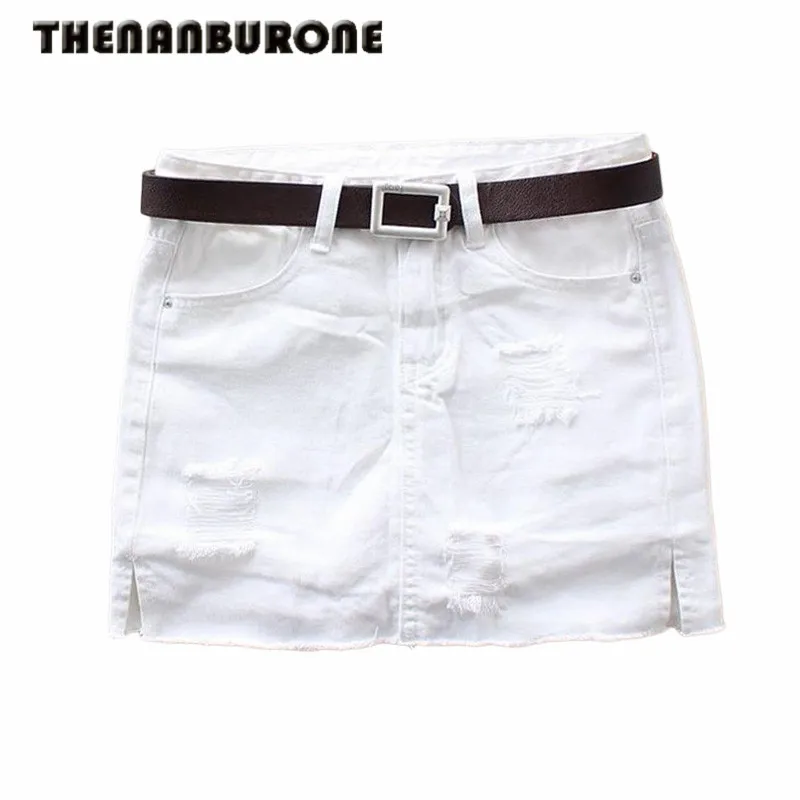 Image THENANBURONE Sexy Women White Jean Skirt 2017 New Holes Mini Jeans Skirts Womens Denim Plus Size XXL Black Straight Jeans Skirt