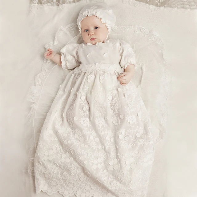 Best price at $144 Cheap With Hat Baby Girl Baptism Dresses A-line Puff Three Quarter Sleeve O-neck Appliques Baby Christening Gowns Vestidos Bebes Ninas