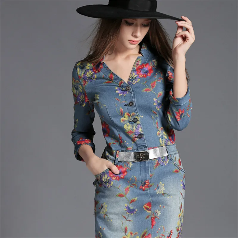 

denim dress 2019 new women dress printing V collar pendulum cowboy dresses slim lotus leaf edge Bow casual dress vestidos