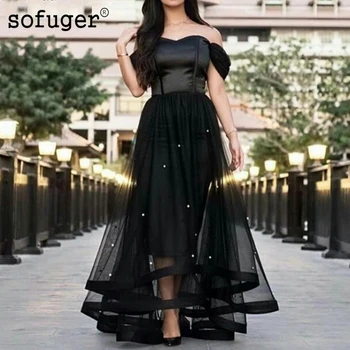 

Black Off The Shoulder Party Beadings Sweetheart High Low Pleat Evening Dress Robe De Soiree Sofuge Vestidos De Fiesta De Noche