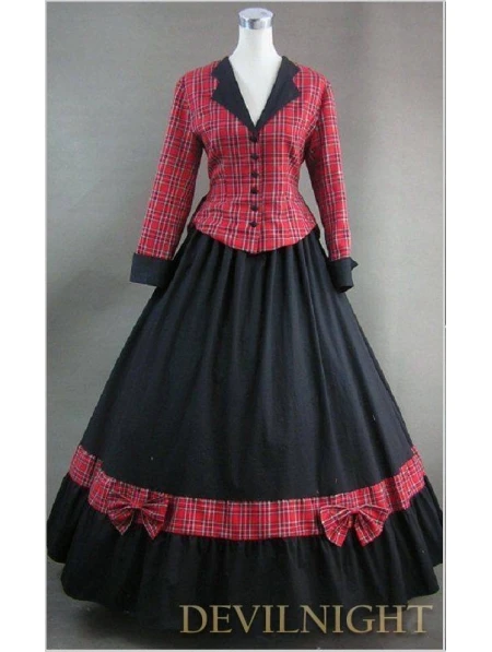 Благородное Черное и красное клетчатое винтажное готическое викторианское платье - Цвет: Многоцветный