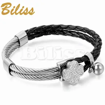 

Fashion Womens Braided Leather Stainless Steel Bracelet Rhinestone Clover Cuff Bangle Black Silver Color 21cm pulseira de couro