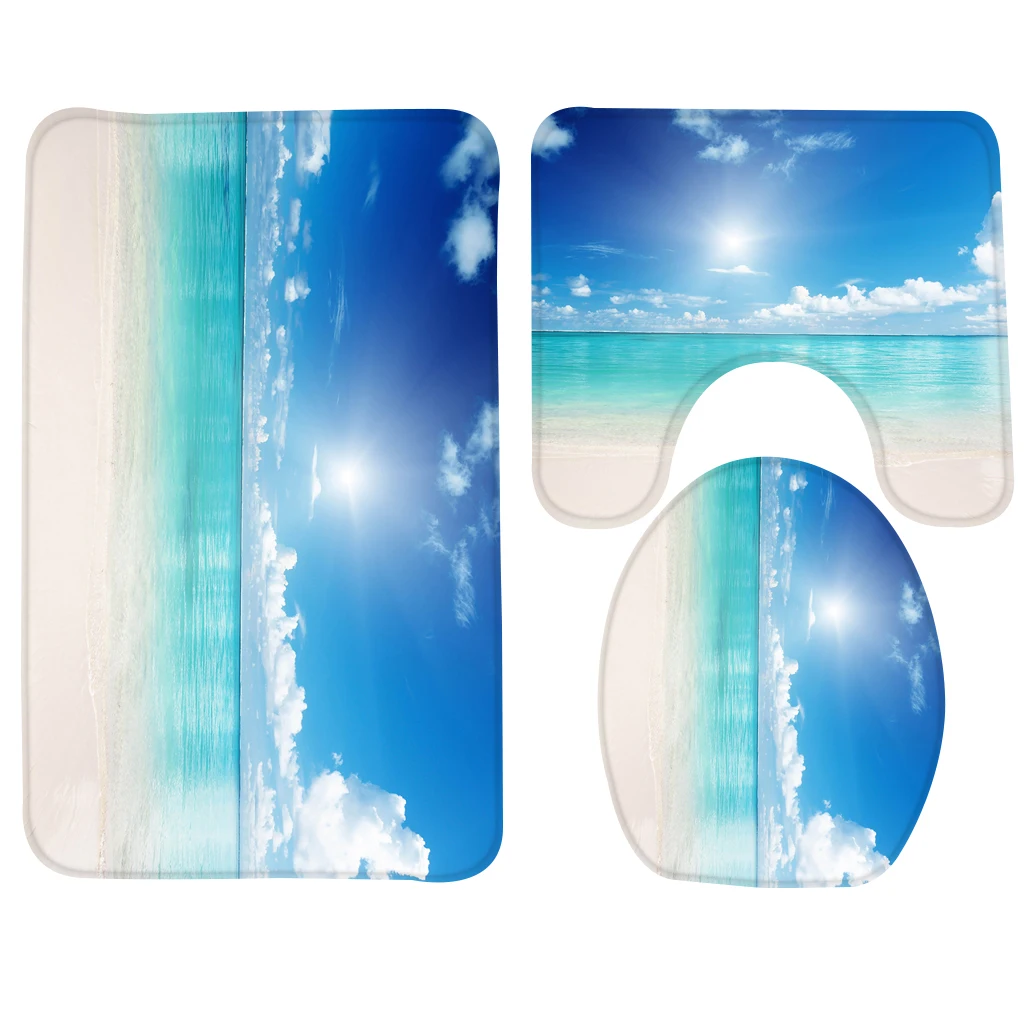 3pcs Bath Mat Set Sunshine Sea Beach Pattern Bath Mat Non Slip Toilet