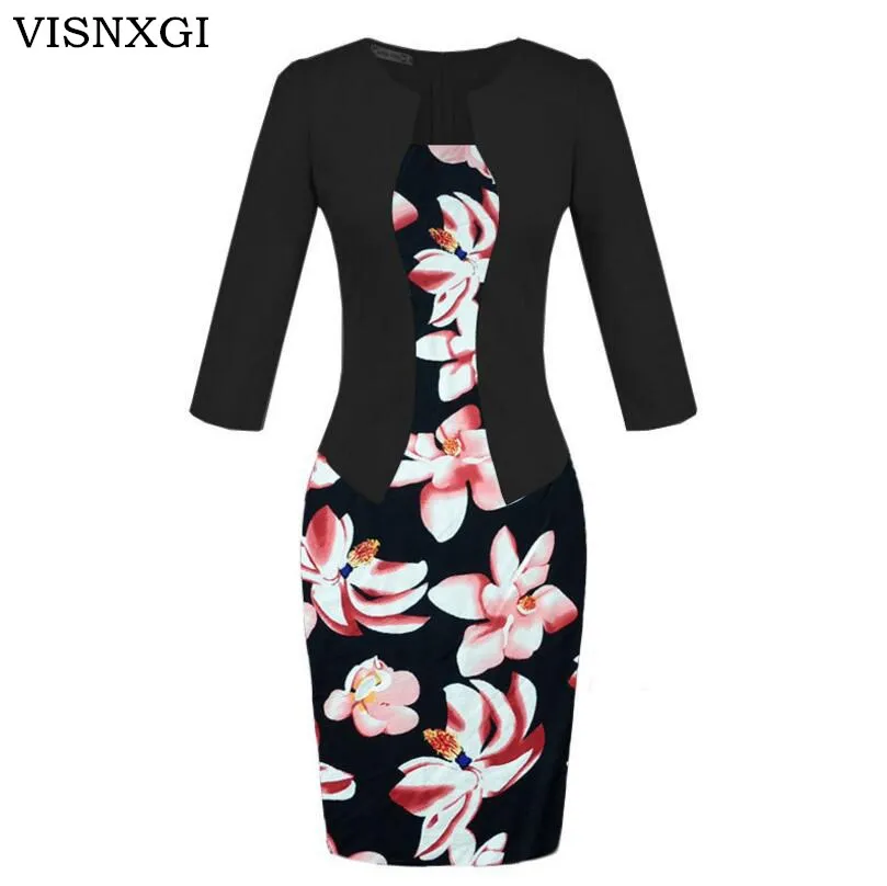 

VISNXGI Women Fall One Piece Patchwork Floral Print Elegant Business Party Formal Office Plus Size Bodycon Pencil Work Dresses