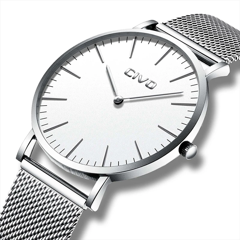 

CIVO Simple Ultra Thin Wristwatch Mens Watches Mesh Strap Watch Waterproof Men Sport Top Brand Silver Clock Horloges Mannen