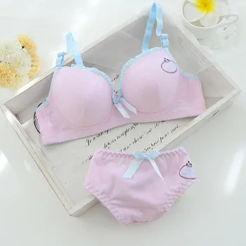 

Girls puberty Bra 100% cotton briefs young girl underwear bra set Grey Pink white solid color teenage trianing bra +panties