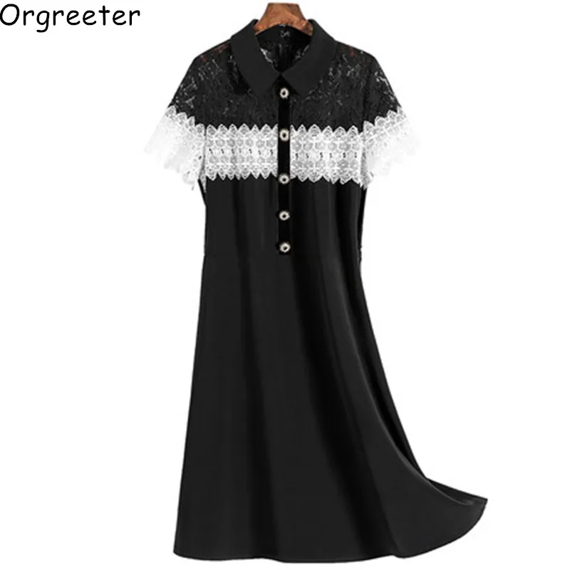 

Women Summer Lace Patchwork Turn-down Collar Runway Dresses Vintage Black Mini Short Party Robe Femme