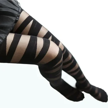 

Fashion Women Vintage Stretch Tights Black Pantyhose Sexy Ripped Pantyhose Stripe Hollow Elasticity Lolita Mock Stocking W003