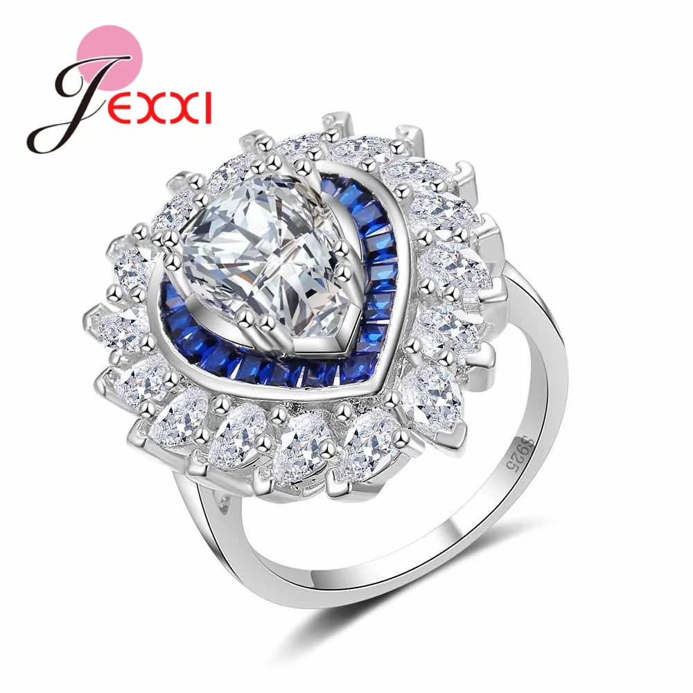 

Exaggerated Heart Shape 925 Sterling Silver Bridal Wedding Rings For Woman White Blue AAA CZ Cubic Zircon Engagement Ring