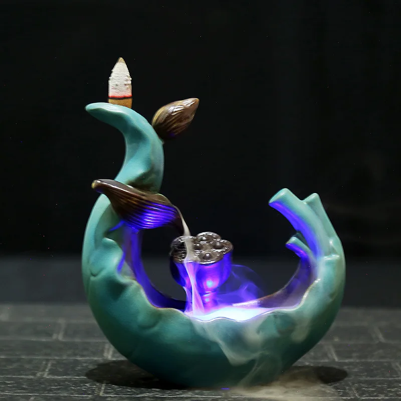 

Ceramic Backflow Incense Burner Creative LED Moonlight Aromatherapy Furnace Smoke Incense Burner Tea Ceremony Decoration
