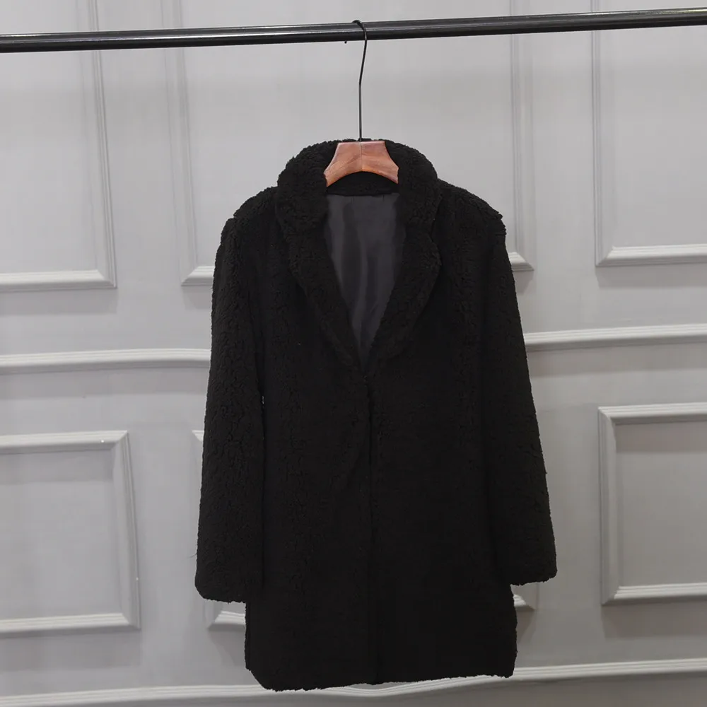 CHAMSGEND Женское пальто из искусственного меха зимнее однотонное пальто с длинным рукавом женское повседневное пальто с отложным воротником No8
