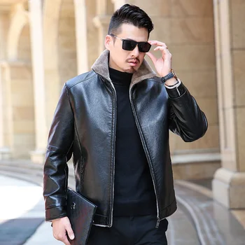 

high quality Winter real Business Casual Leather Jacket for Men Fashion Brand Brown Sheepskin Jackets and Coats with Wool Lining