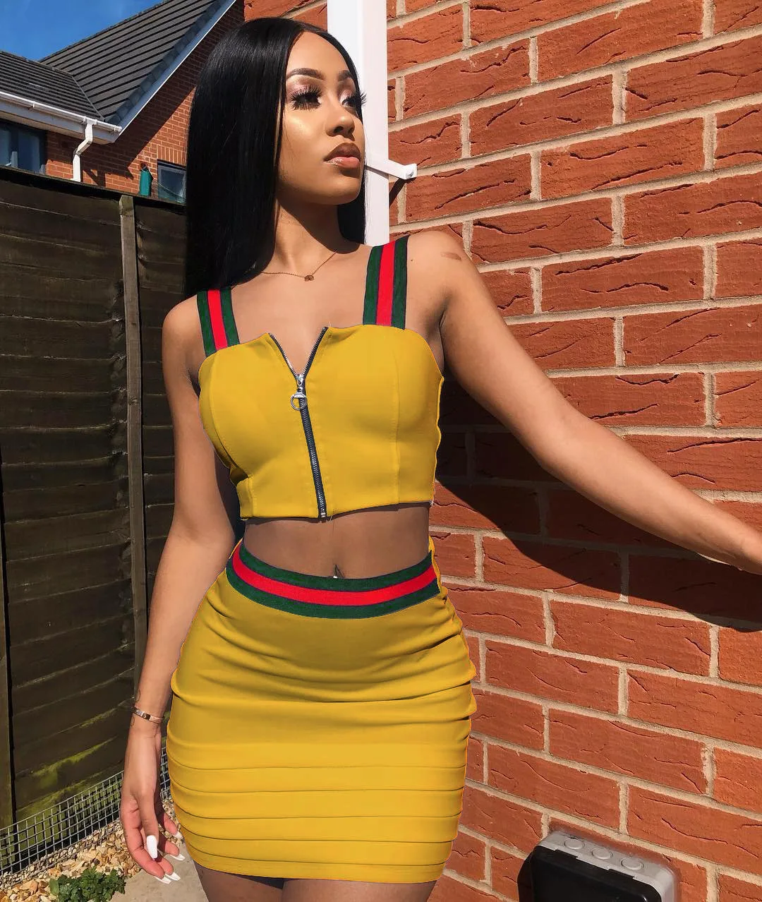 Green and Red Striped 2 Two Piece Set top and Skirts Women Tracksuit 2018 Summer Plus Size Casual Outfit Club Party Dress Women's Sets