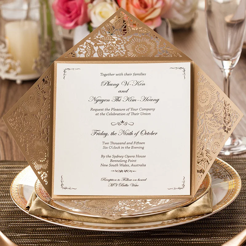 10sets design rustic gold wedding invitations laser cut invitation