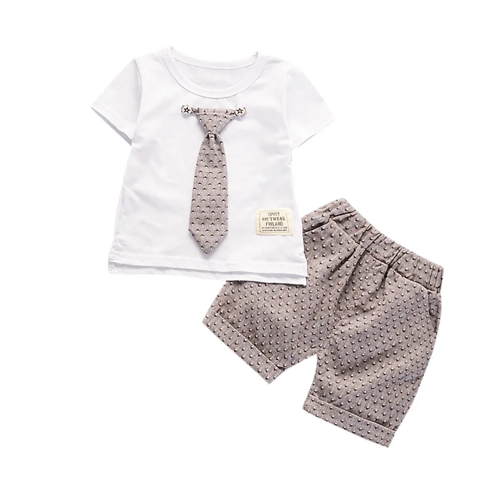 MUQGEW/летний комплект одежды для мальчиков футболка с короткими рукавами и галстуком+ однотонные шорты, комплект одежды для мальчиков roupa infantil vetement enfant fille# p30US - Цвет: Белый
