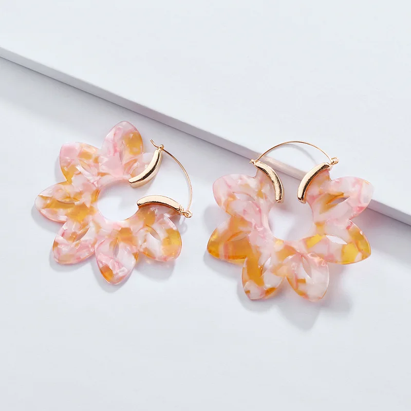 New Arrival 7 Colors Hollow Flower Shape Acid Acrylic Resin Drop Earrings Female 2018