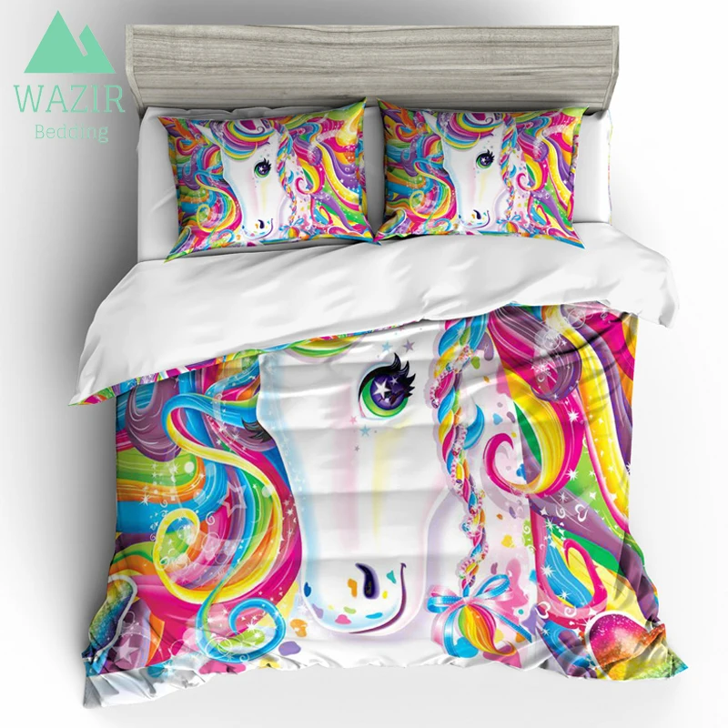 3D قوس قزح يونيكورن طقم سرير 3 قطعة غطاء لحاف سادات ورقة مسطحة نوم المنسوجات المنزلية المعزي طقم سرير المنزل والمعيشة