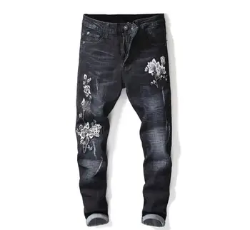 

Embroidered Flower And Bird Black Men's Jeans Men Slim Fit Denim Casual Pants 29-38 #15001