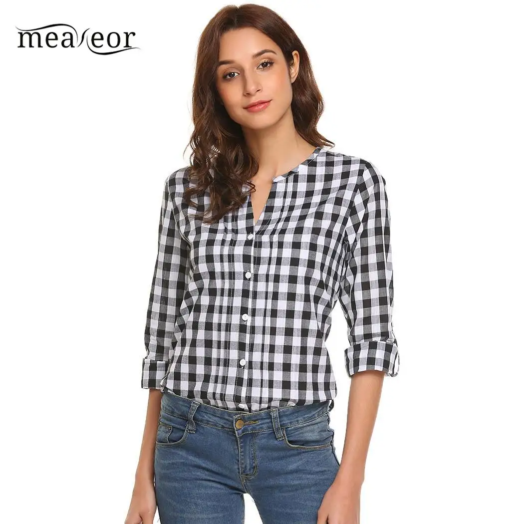 Sleeve Shirt Plaid Women Casual Down Collarless Button LongBlouses & Shirts AliExpress