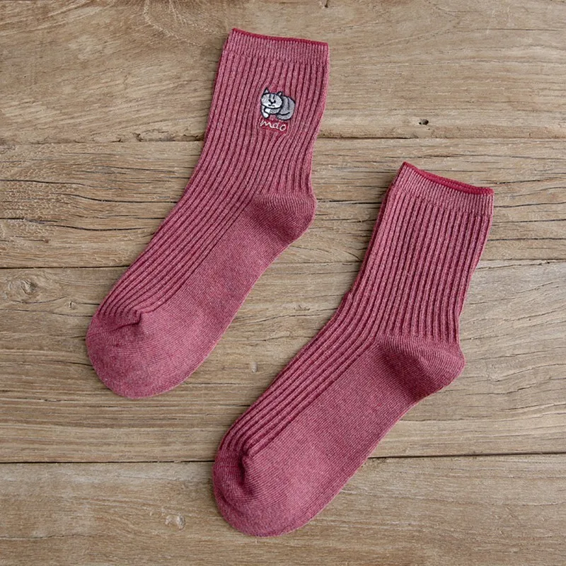 PEONFLY 2018 Autumn Winter New Embroidery Cartoon animal Kitty Socks Woman Fashion Japanese harajuku Double Needle Stripes Socks