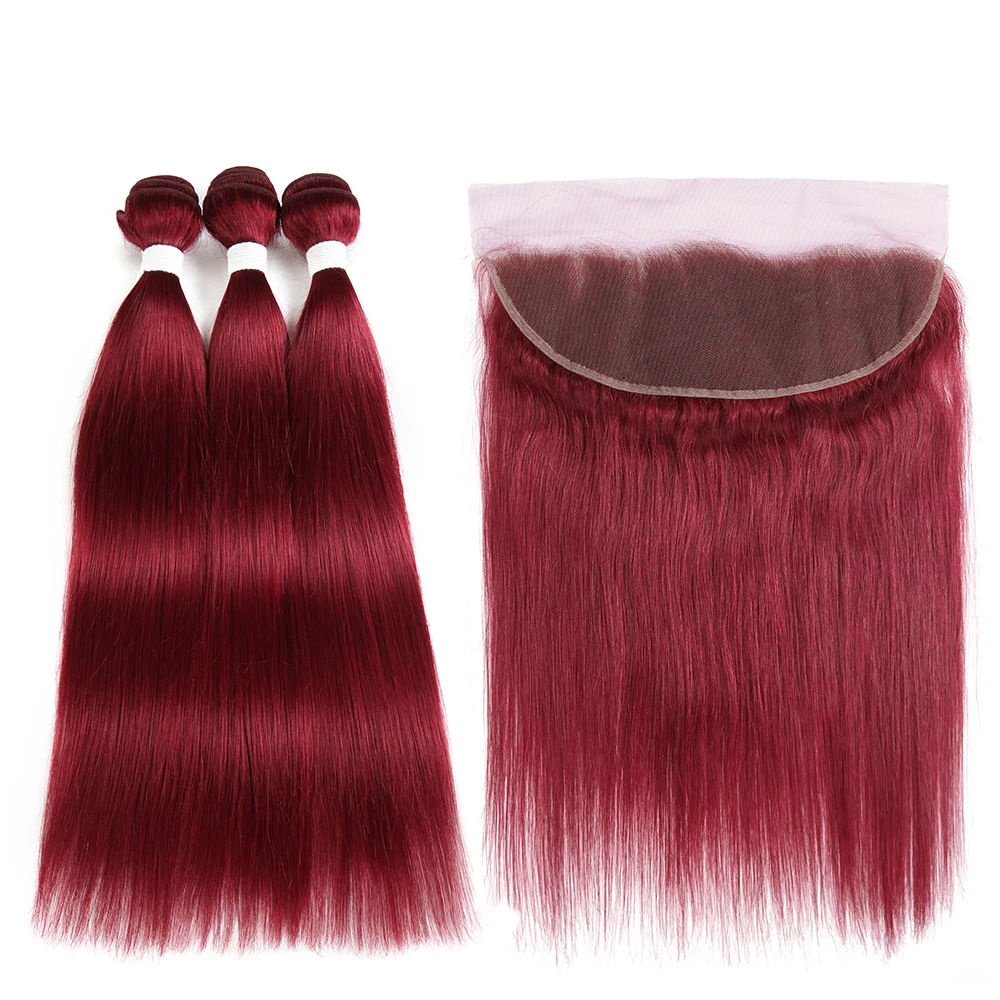 99J/темно-Красного цвета пучки волос с фронтальной 13*4 SOKU бразильские прямые человеческие волосы плетение пучки волос 3/4 шт. Non-Волосы remy удлинитель