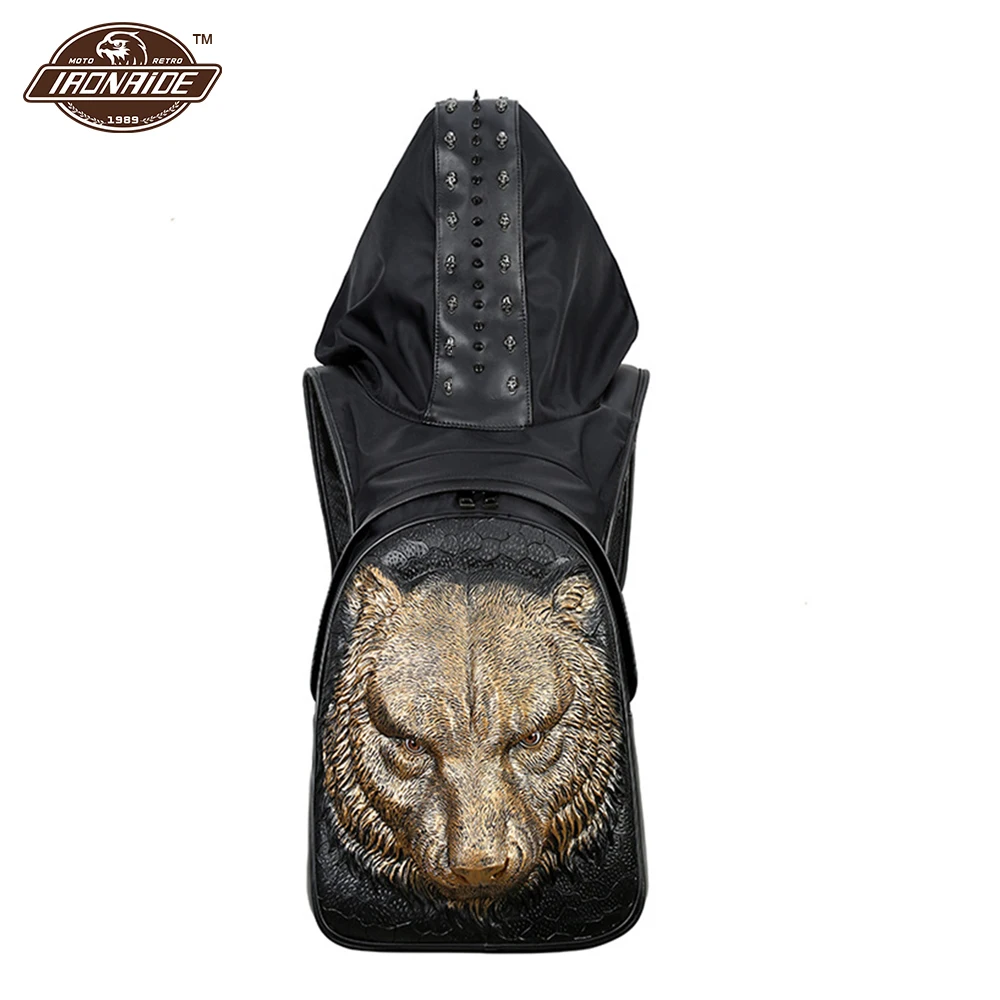 

Steam Punk Motorcycle Bag PU Leather Backpack Motorcycle Backpacks Waterproof Backpack Rock Bags Wolf Head Shoulder Bag With Hat
