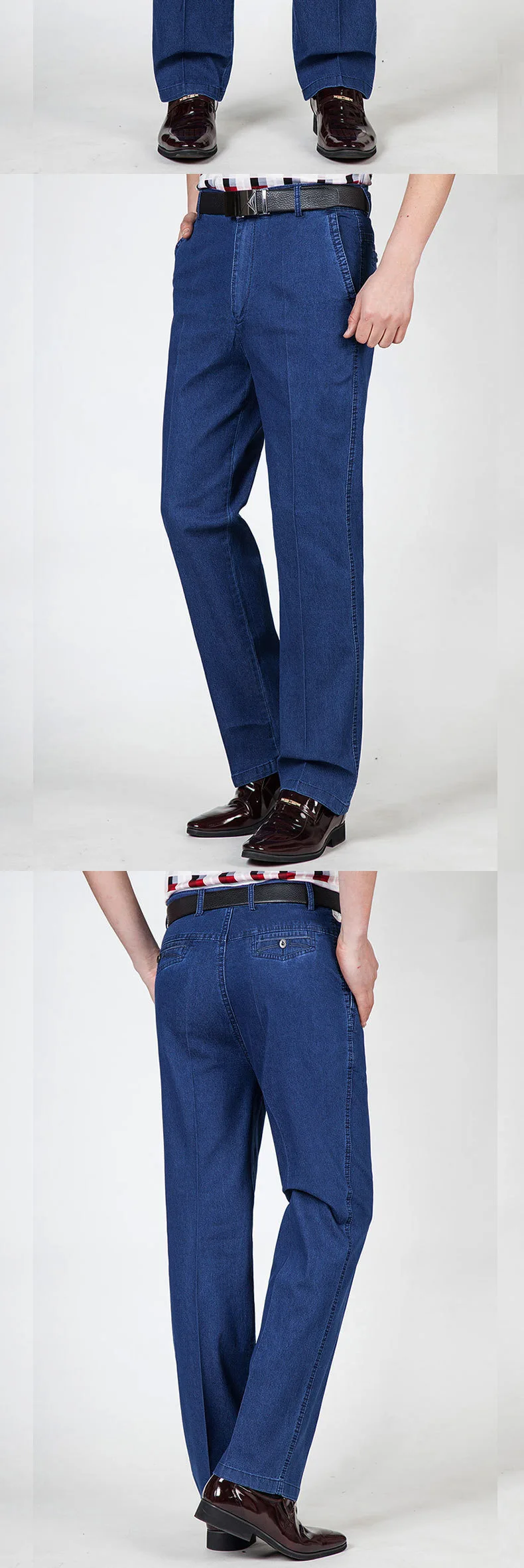 Летние тонкие джинсы для людей среднего возраста, повседневные, с высокой талией, свободные, длинные, джинсовые штаны, мужские, однотонные, деловые, повседневные, прямые джинсы для мужчин