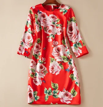 

Hot Sale Flower Print Women Red Dress Fashion O-Neck Mini Casual Dresses