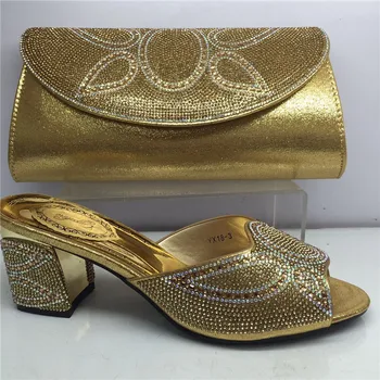 

Popular gold high heel African sandal shoes and clutch handbag set with rhinestones for party GY25, heel height 6cm