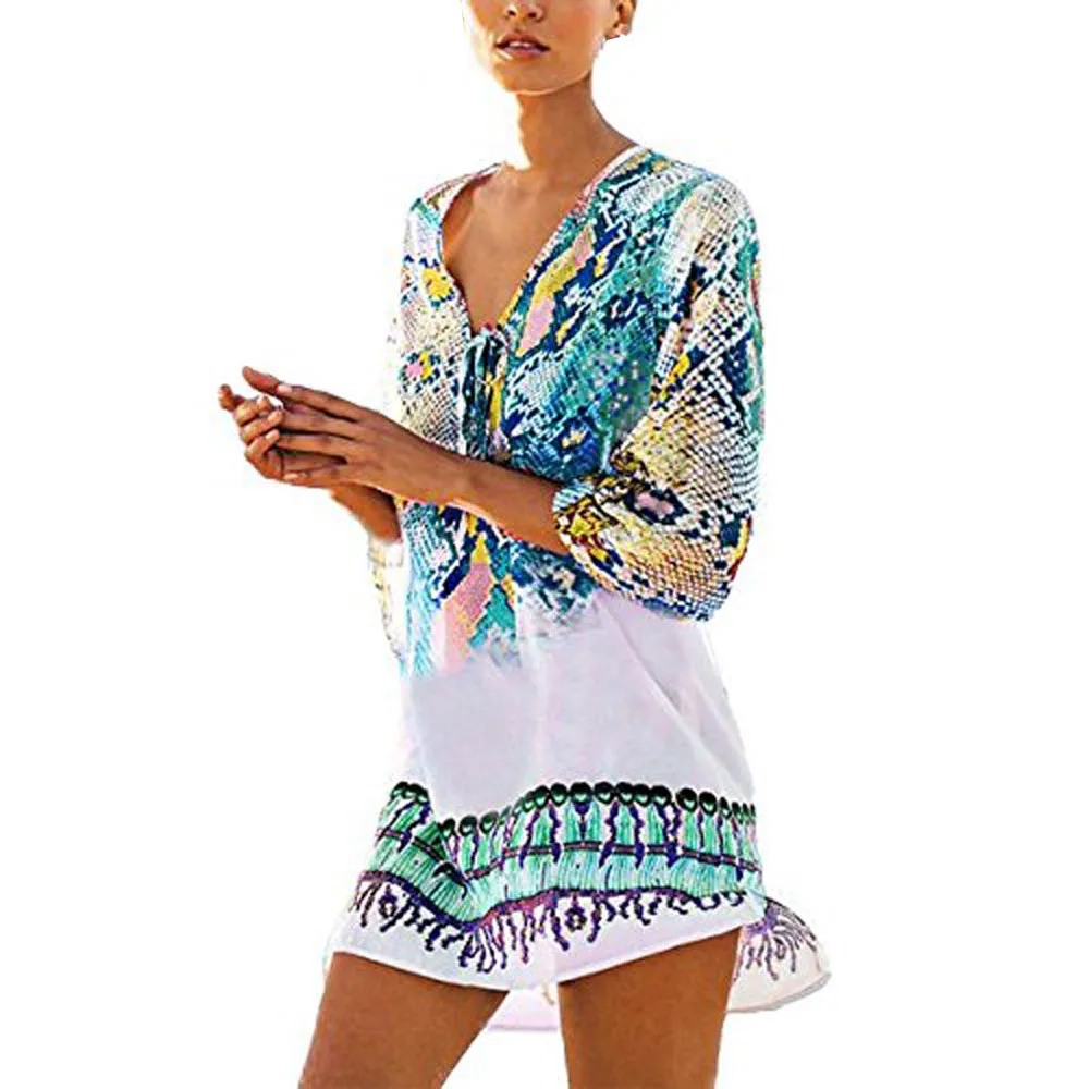 

2019 Summer New Womens Mini Dress V Neck Lace Up Gradient Cover Up Bohemia Swimsuit Beachwear Holiday Above The Knee Dresses