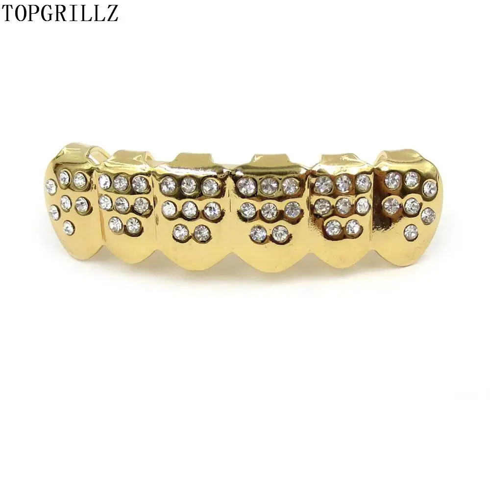 TOPGRILLZ золото цвет покрытием Iced Out письмо CZ камень хип хоп ЗУБЫ для рот GRILLZ шапки Топ и дно грили набор Классический зуб - Окраска металла: crystals bottom