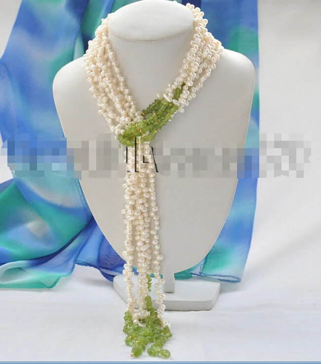 

3Strds WHITE RICE WHITEWATER PEARL GREEN OLIVINE NECKLACE 58inch