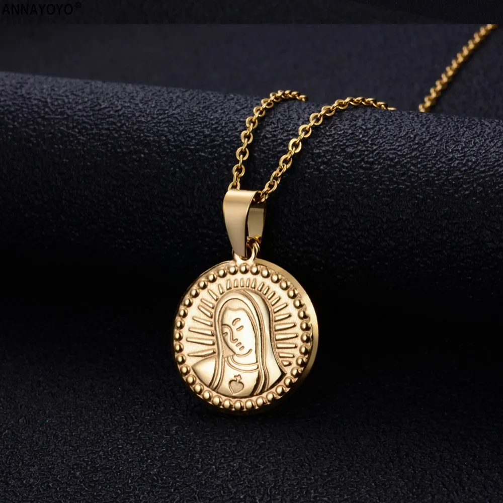 

Annayoyo Trendy Virgin Mary Necklace Women 316L Stainless Steel Silver Gold Color Christian Prayer Female Pendants & Necklaces