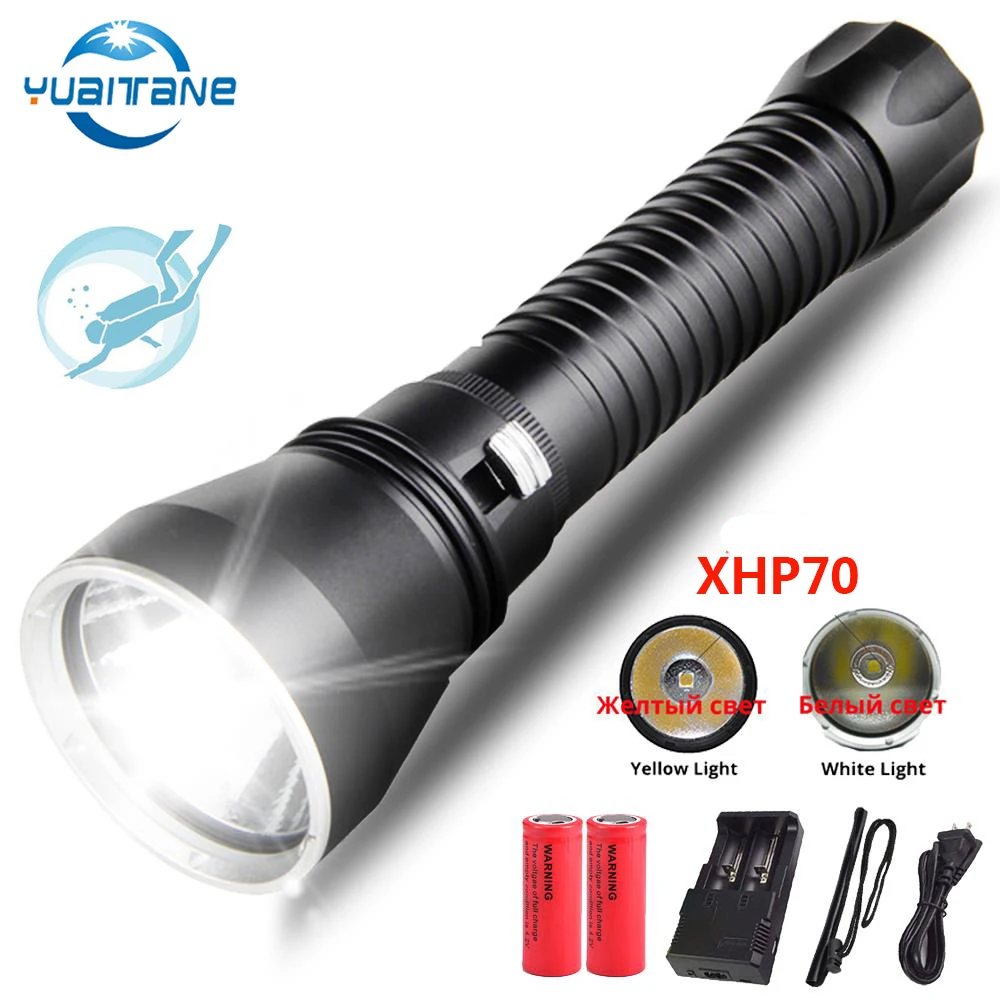 

XHP70 LED Diving Flashlight Yellow/White Light 8000 Lumens Diving Torch use 2*26650 Torch Underwater 200M IPX6 Waterproof