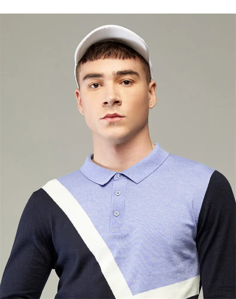 2019 New Golf Polo Men Long Sleeve Patchwork Pattern High Quality Cotton Knit Polo Sweater Male Luxury Smart Casual Plus Size 01