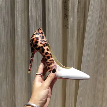 

Fancy Style Sexy Leopard Print Patent Leather Pointed Thin Heels Red Bottom Pumps Shallow Silp-on Casual Shoes Woman High Heel