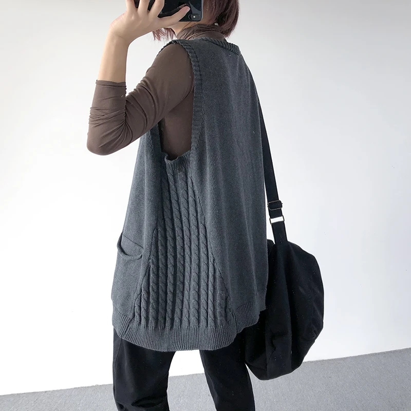 

Womens Knitted Vest 2019 Preppy Style Long Solid Button Pockets V-Neck Single Breasted Sleeveless Spring and Autumn