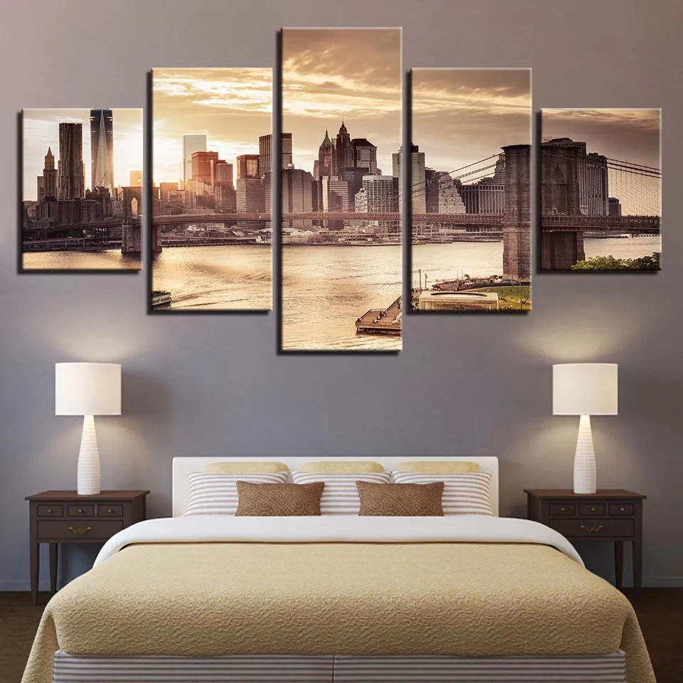 5 Pieces Wall Art Brooklyn Bridge Building Scenery Painting Framework Picture Canvas Modular HD Printed Decor Modern Living Room |