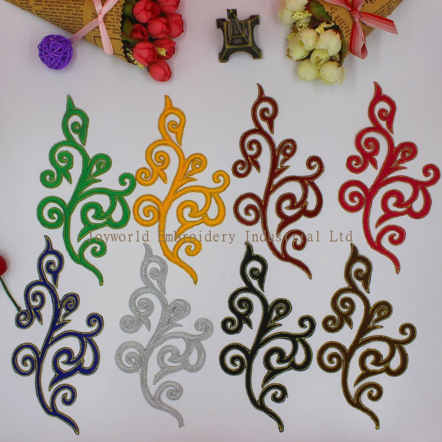 

YACKALASI 10 Pairs/Lot Gold Trim Colored Embroidered Appliqued Flower Iron on Mirror pairs patches 18*9cm