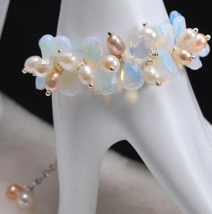 

DYY 820 Charming!Rice Shape Pearl/Faceted Moonstone Teardrop Beads Bracelet