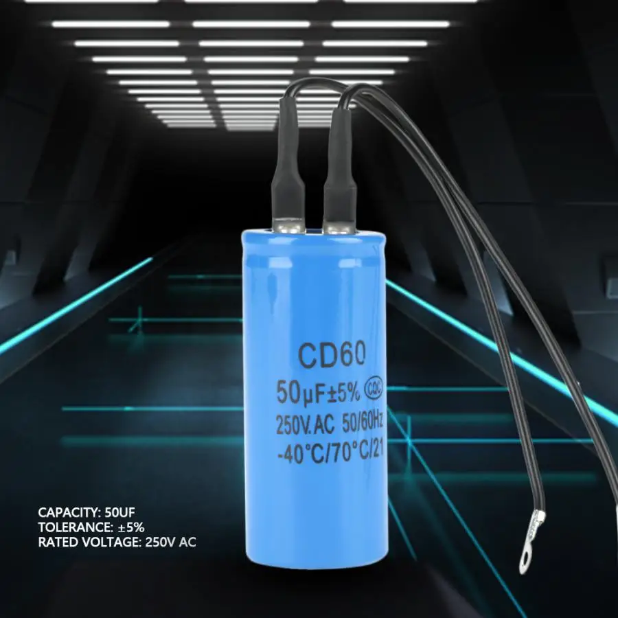 CD60 Motor Starting Capacitor 250V AC 50uF 50uF//MFD with 2 Black Wire Lead
