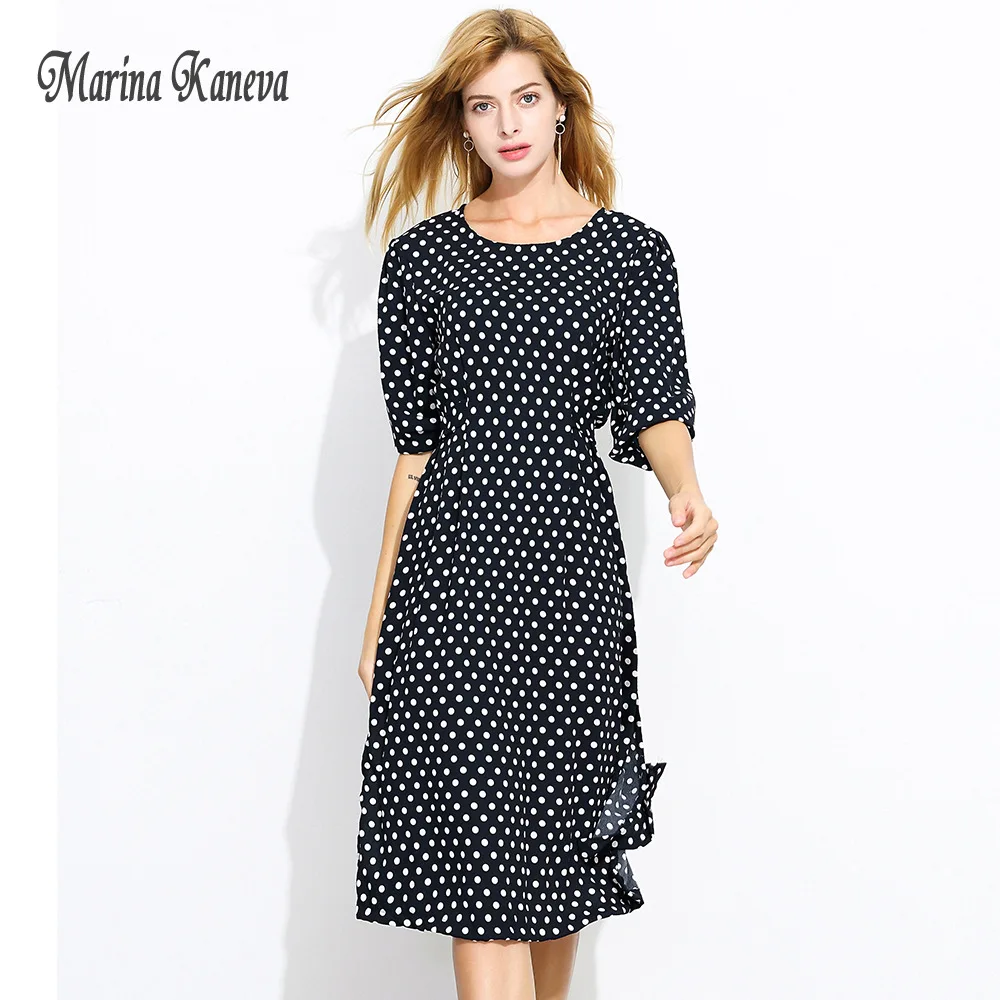 Goedkoop Polka dot ruches jurk Vrouwen Half mouw lente casual dress 2018 Streetwear zwarte jurk Zomer Katoenen Jurk Vestidos 4XL