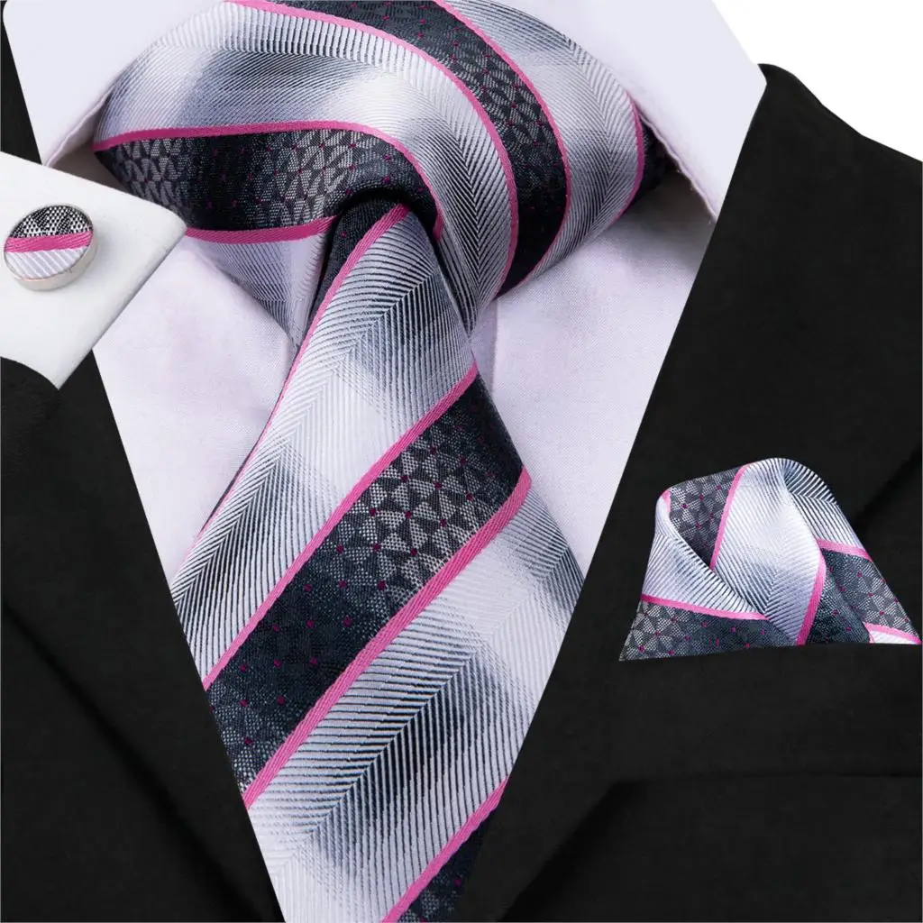 

Hi-Tie 2019 New Striped Ties for Men 100% Silk Men Tie Set Pocket Square Cufflinks Set Male Business White Black Red Tie C-3016