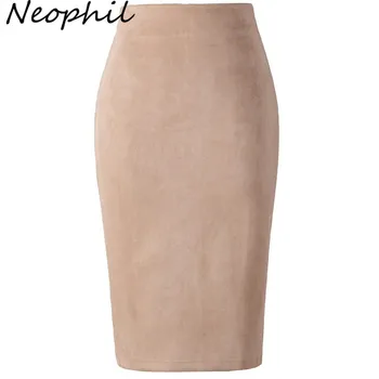 Neophil 2020 Winter Women Suede Midi Pencil Skirt High Waist Gray Pink XXL Sexy Style Stretch