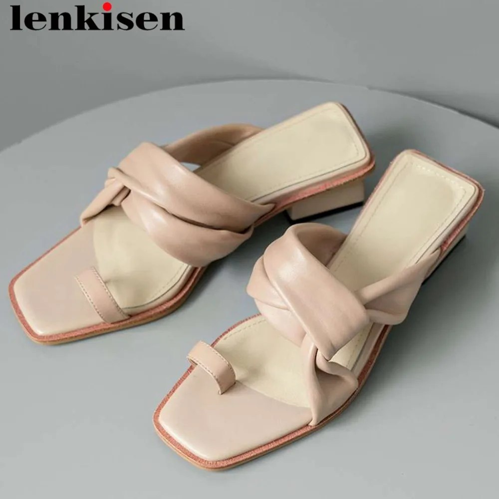 

Lenkisen luxury sheep leather gladiator shoes flip flop slip on mules chunky low heels vintage superstars summer sandals L53