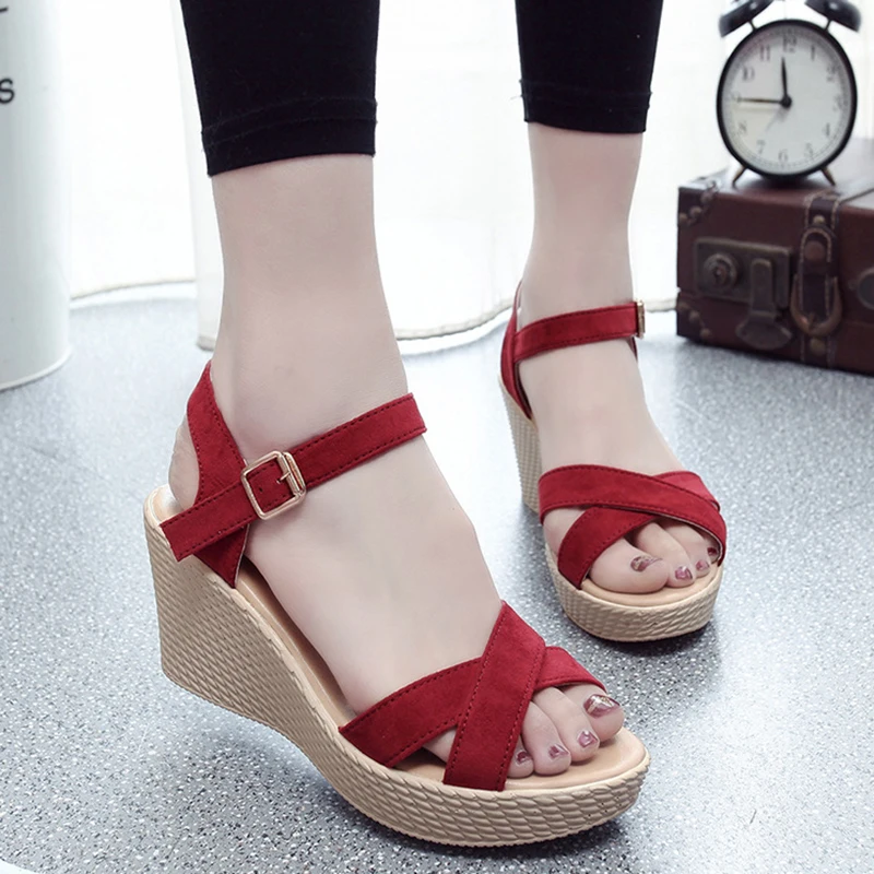 

Summer Women Sandals New Arrival 2019 Women's Shoes Solid Color Buckle Strap Open Toe Wedges Shoes For Women High Heels Sandals