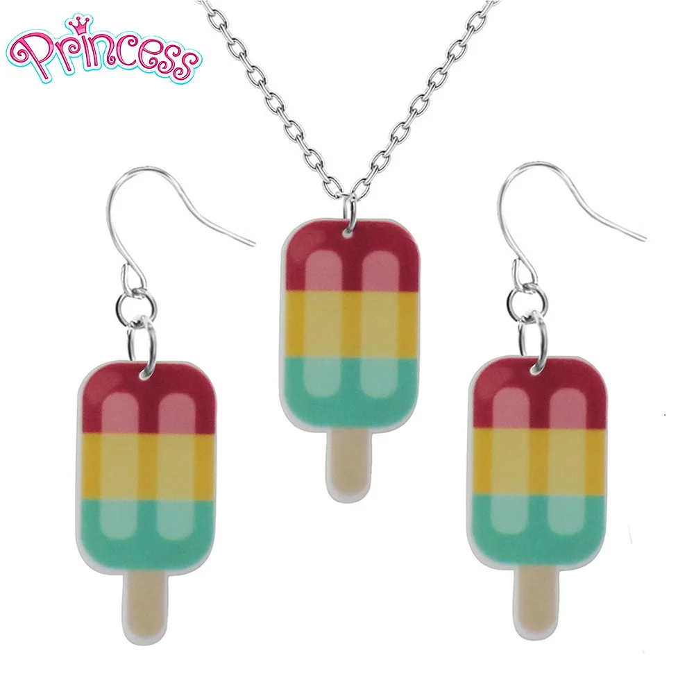 

2019 New Fashion Girls Kids Gift Jewelry Cool Ice Cream Earring Pendant Short Chain Necklace Xma Gift Wholesale KS57