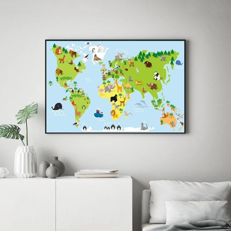 Funny cartoon world map with animals print living room decor